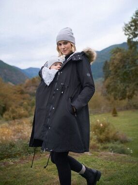 Seraphine Black Babywearing Trench Coat with Faux Fur Trim